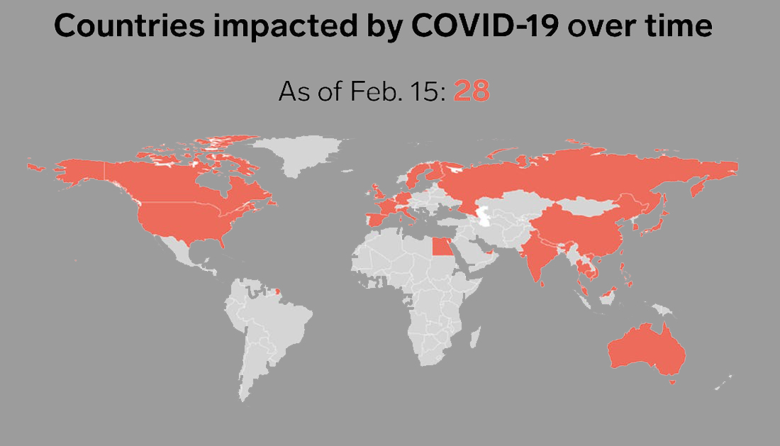 Map of the world highlighting corona cases